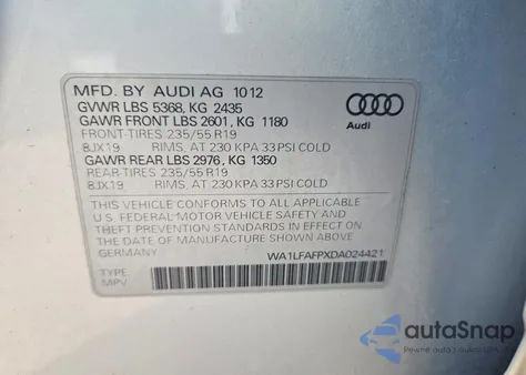2013 Audi Q5 Premium Plus z USA, uszkodzony, nr VIN WA1LFAFPXDA024421